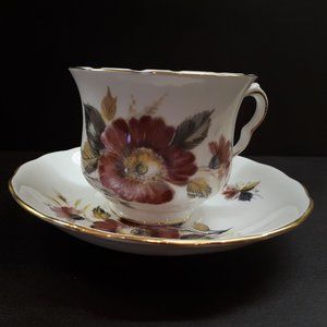 Queen Anne  Tea cup & saucer Magenta flowers